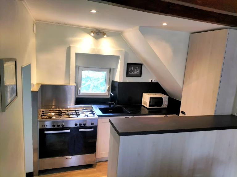 Cuisine rénovée sous escalier en bois noir à Mayenne – vue finale