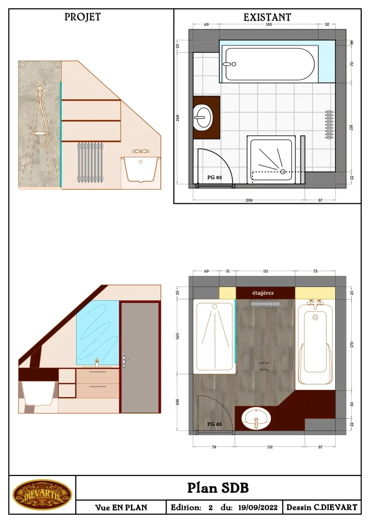 Plan de la salle de bain avant et après rénovation, vue en projection