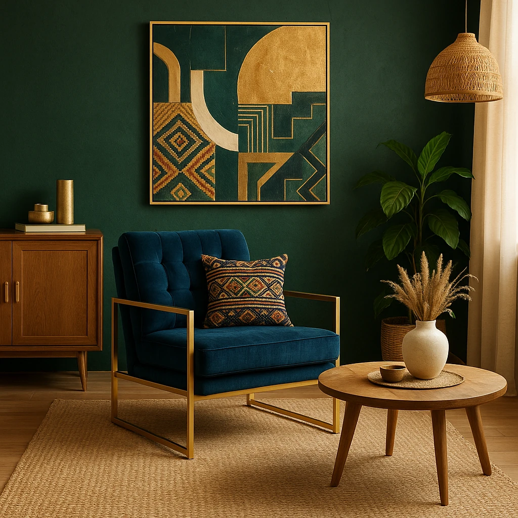 Salon décoré avec un mur vert profond à la finition velours, fauteuil bleu et décoration naturelle en bois et fibres.
