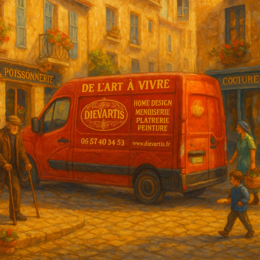 Camion rouge Dievartis dans une rue de village animée, illustré en style peinture à l’huile.