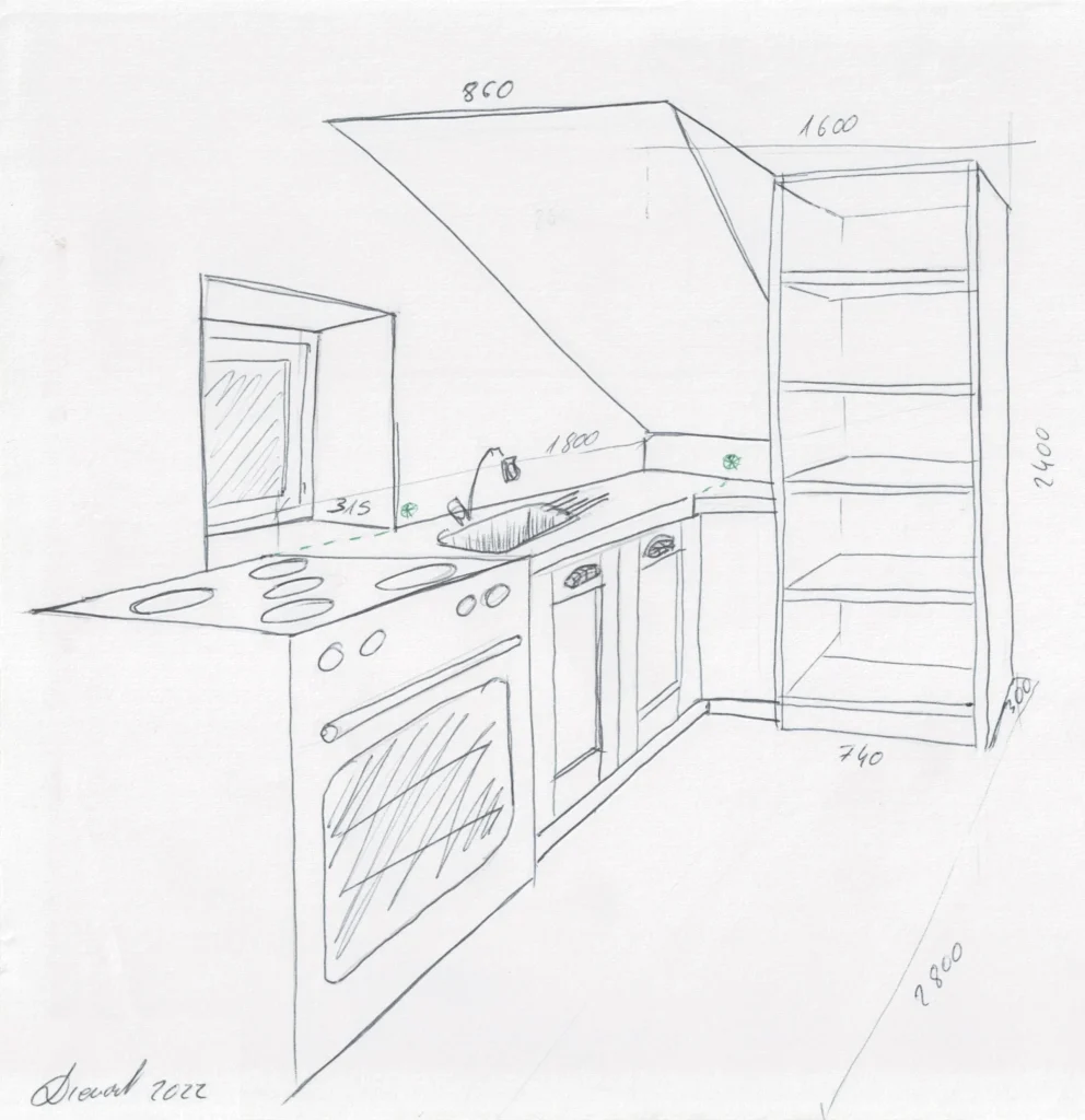 Croquis d’une cuisine sous escalier avec agencement sur mesure à Mayenne