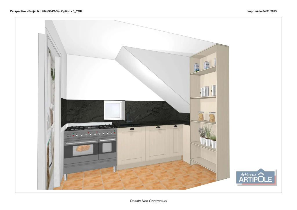 Perspective 3D d’une cuisine sur mesure sous escalier à Mayenne