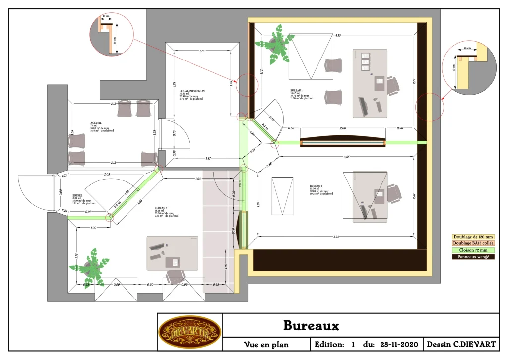 Plan d’aménagement intérieur de bureaux avec mobilier, circulations et doublages muraux, signé Christophe Dievart.