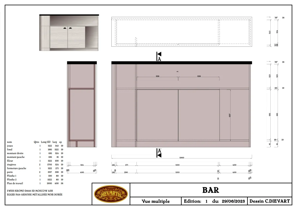 Plan de bar de cuisine sur mesure en bois noir et doré