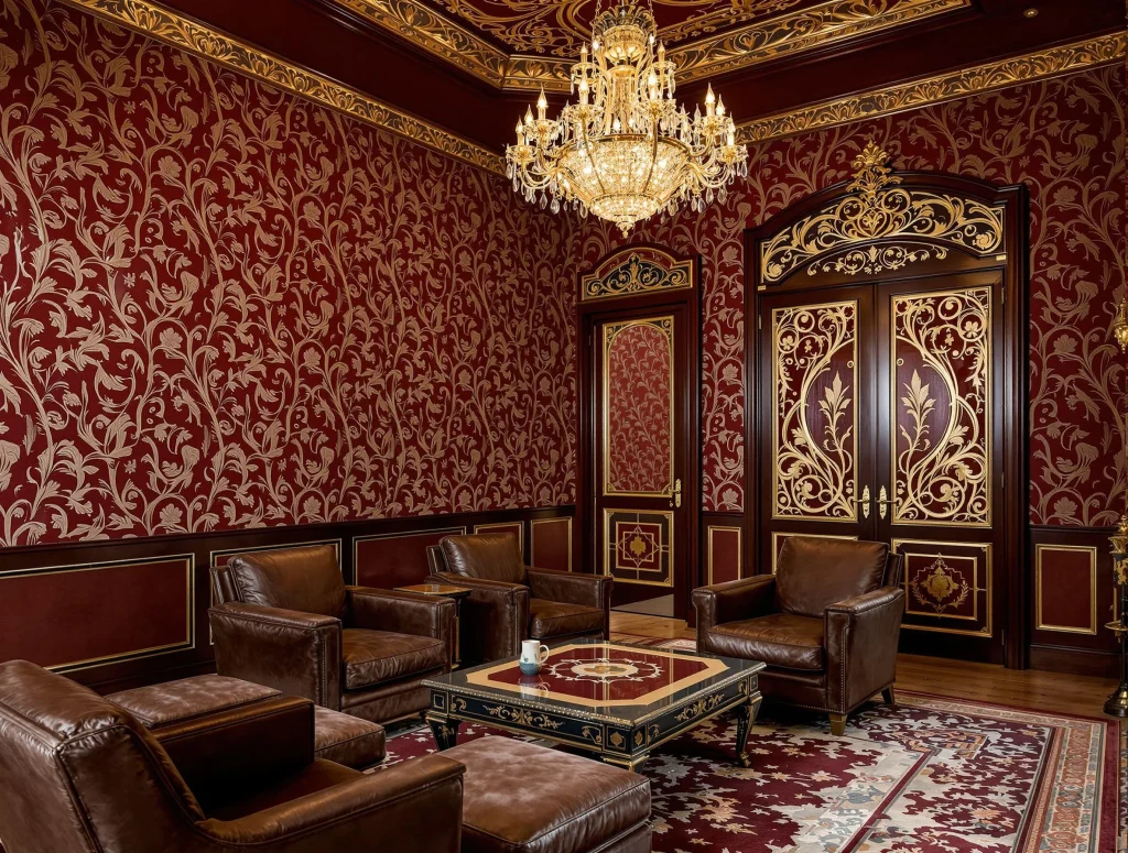 Salon au style baroque avec ornements dorés et rouges